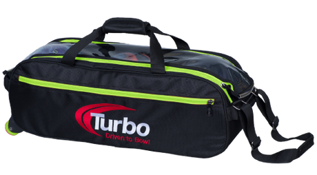 Turbo Pursuit Slim Triple Tote Bowling Bag Lime/Black FEATURES AND BENEFITS 1680D nylon construction Three ball capacity Clear “see thru” top Adjustable tow strap Carry Handles with Velcro Closure Dimensions 11”W x 10”D x 26”H Inline style wheels are 1 ½” high x 1 ½” wide Bag weight 4 lbs