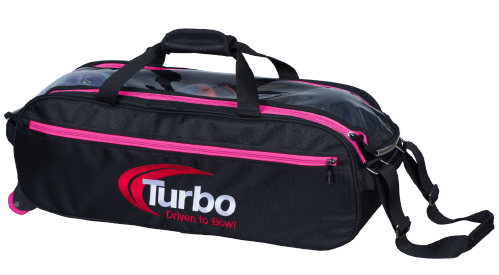 Turbo Pursuit Slim Triple Tote Bowling Bag Pink/Black FEATURES AND BENEFITS 1680D nylon construction Three ball capacity Clear “see thru” top Adjustable tow strap Carry Handles with Velcro Closure Dimensions 11”W x 10”D x 26”H Inline style wheels are 1 ½” high x 1 ½” wide Bag weight 4 lbs