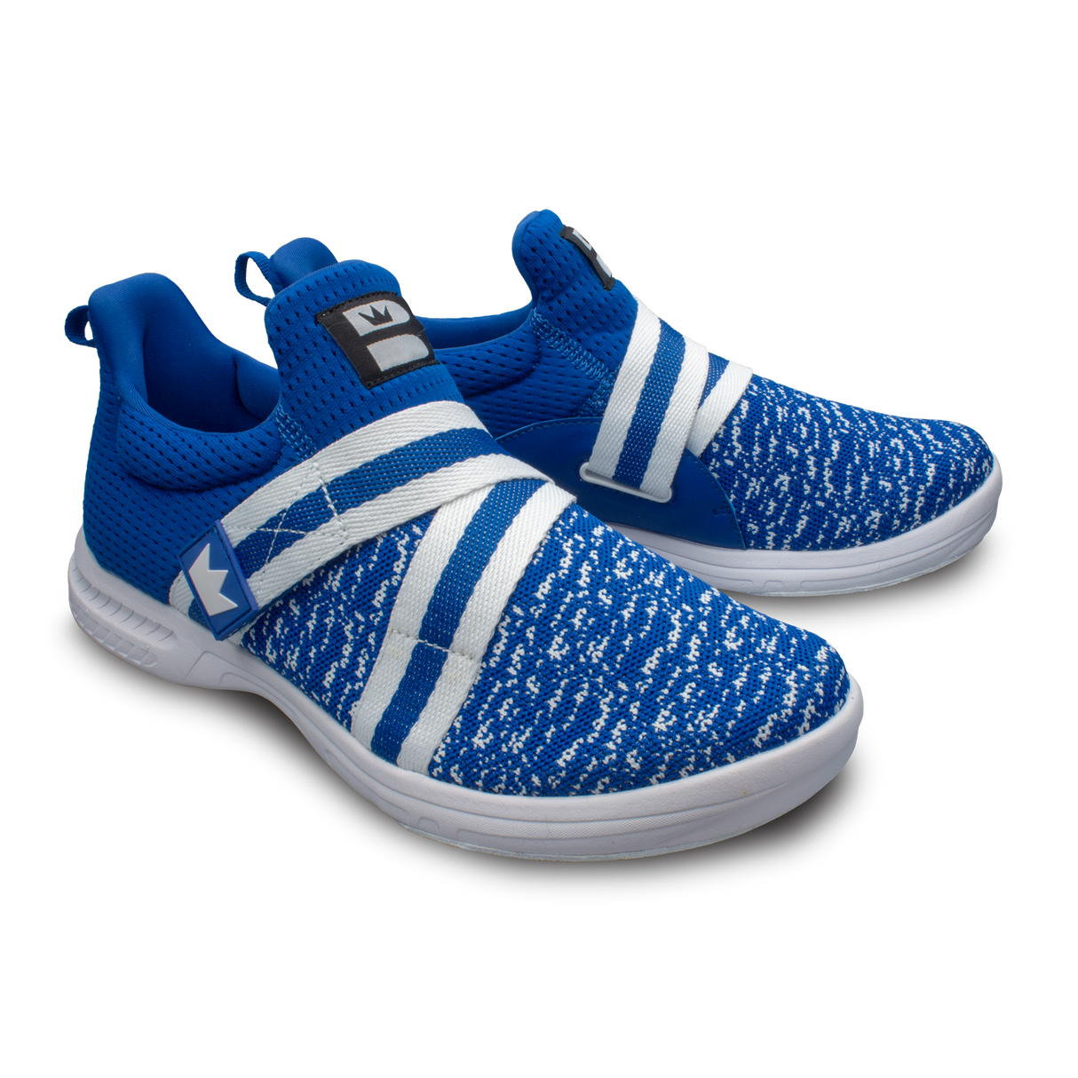 Brunswick Slingshot Royal/White Bowling Shoes * Athletic performance knit * Easy to slip on * No lace fastening system * Extra-light molded EVA outsole * Raised rubber heel for a controlled slide * Pure slide microfiber slide soles on both sides * Superior slide immediately *  *