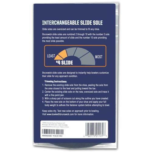 bowling shoe Slide soles are oversized and can be trimmed to fit any size shoe Brunswick slide soles are numbered 2 through 10 with the number 2 sole providing the least amount of slide and the number 10 sole providing the most slide possible 1-year limited warranty