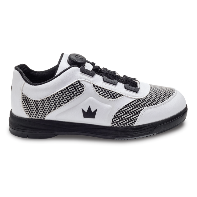 Brunswick Fury White Men's Bowling Shoes * Sleek synthetic upper * Molded EVA insole for comfort and performance * Extreme cushion comfort with Ortholite footbed * Convenient ATOP dial lacing system * Reinforced hard rubber toe for durability * Multi-zone push away rubber * Includes: #4, #6, and #8 Slide Soles; Progressive, and Ridged Heels; Heel remover tool *  *