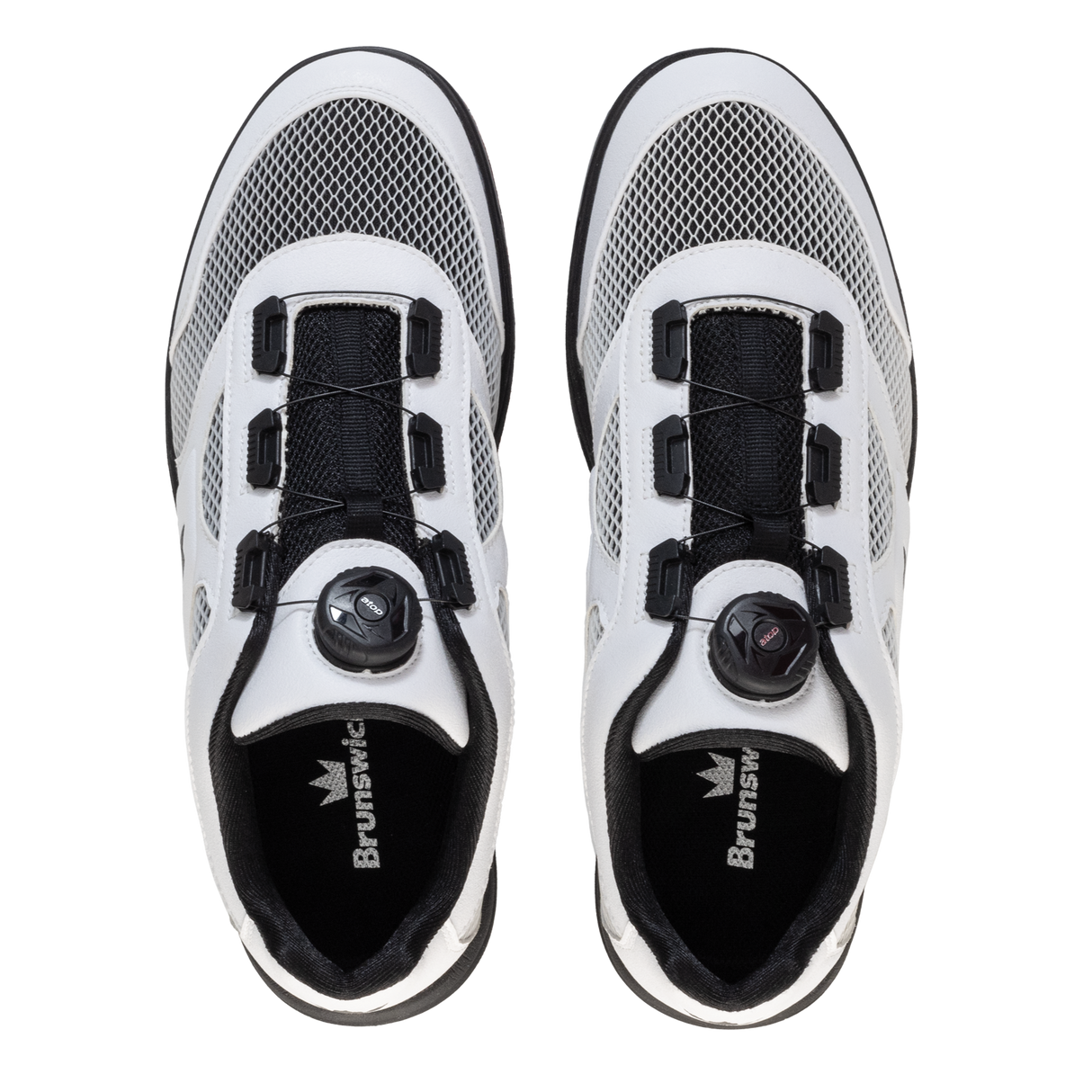 Brunswick Fury White Men's Bowling Shoes * Sleek synthetic upper * Molded EVA insole for comfort and performance * Extreme cushion comfort with Ortholite footbed * Convenient ATOP dial lacing system * Reinforced hard rubber toe for durability * Multi-zone push away rubber * Includes: #4, #6, and #8 Slide Soles; Progressive, and Ridged Heels; Heel remover tool *  *