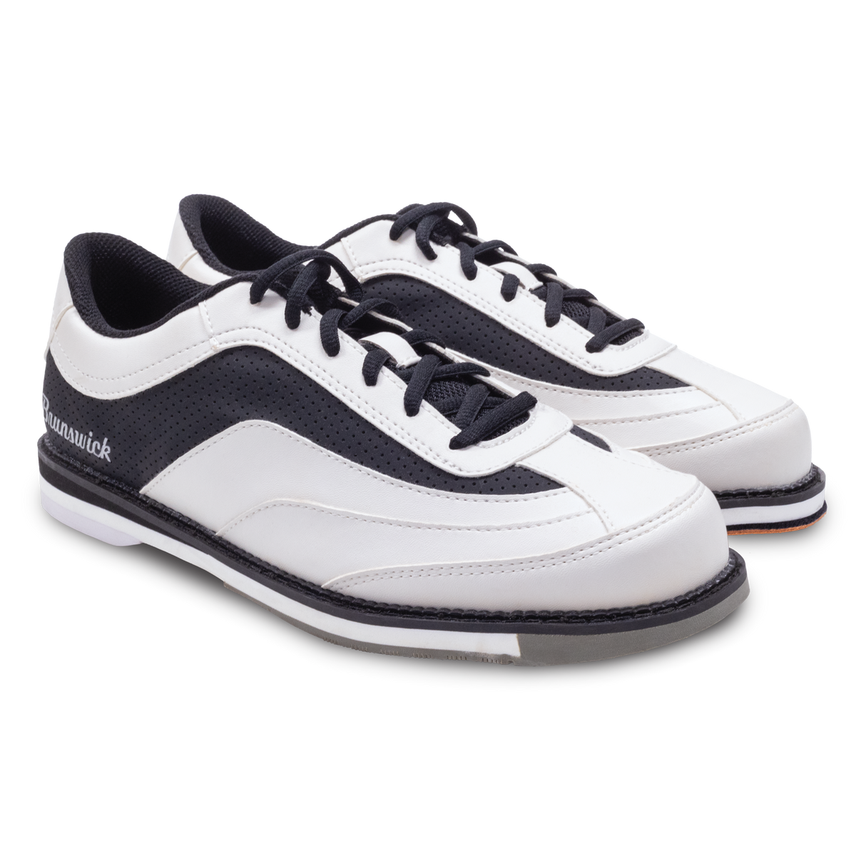 Brunswick Rampage White/Black Bowling Shoes * Synthetic uppers * Customizable Slide Sole technology * Rubber push away * Fixed Heel * Includes: #6 and #8 Slide Soles