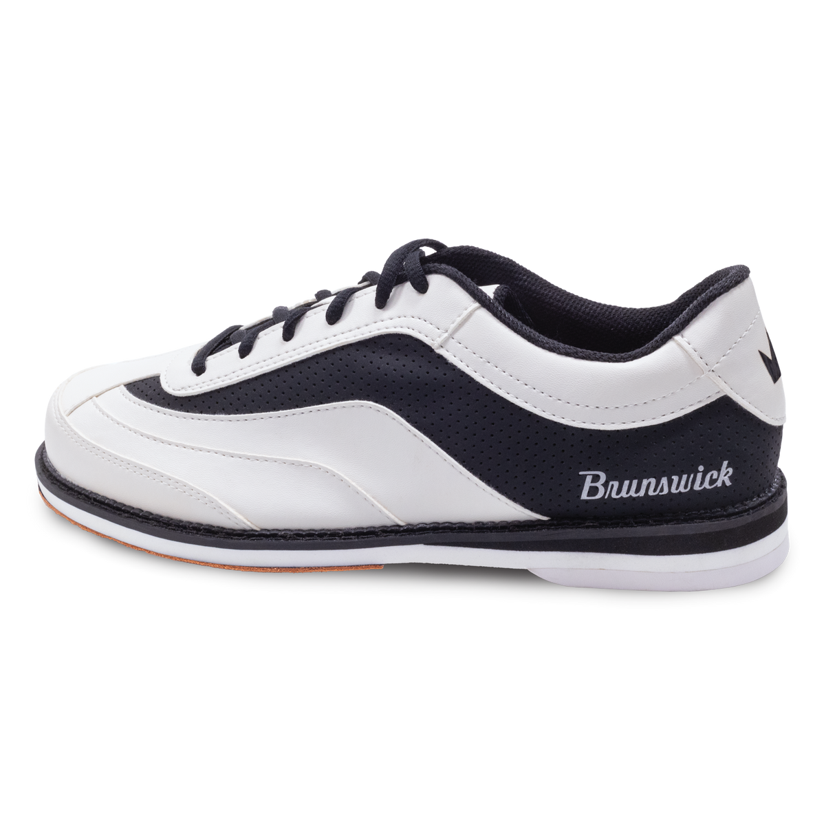 Brunswick Rampage White/Black Bowling Shoes * Synthetic uppers * Customizable Slide Sole technology * Rubber push away * Fixed Heel * Includes: #6 and #8 Slide Soles