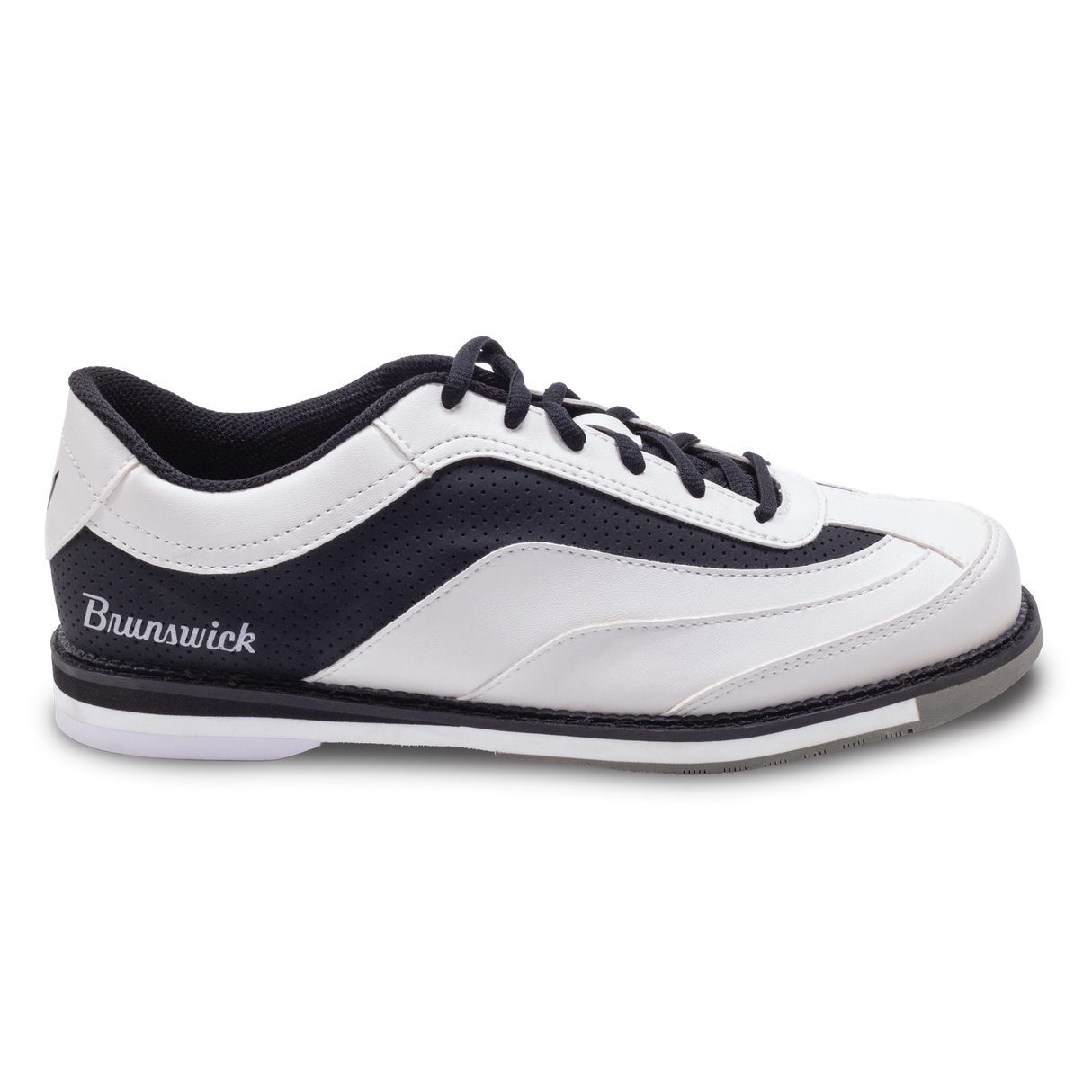 Brunswick Rampage White/Black Bowling Shoes * Synthetic uppers * Customizable Slide Sole technology * Rubber push away * Fixed Heel * Includes: #6 and #8 Slide Soles
