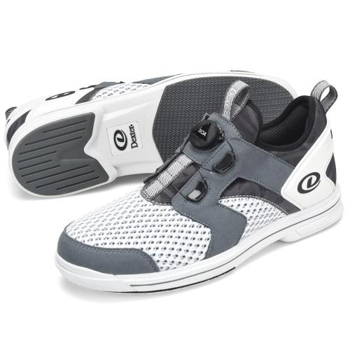 Dexter Pro BOA White/Grey Bowling Shoes Dex-Lite Pro Outsole Pro-lite interchangeable outsole BOA Fit System - disc lacing Speed grove raised rubber heel Aero Spacer Mesh breathable upper Removable blown EVA footbed Fixed Aero-Traction push off sole SIZES: RH M 6-10,11