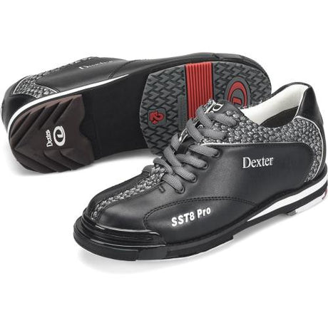 Dexter SST8 Pro Black/Grey Bowling Shoes Ever-adaptable, and designed for performance – the SST 8 Pro. Featuring total interchangeable sole construction and a leather toe drag protector specially equipped to help prevent peel back on your slide sole.