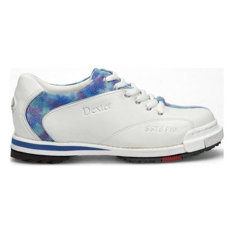 Dexter SST8 Pro White/Blue Tie Dye Bowling Shoes Dynamic performance with an edge. Equipped with our patented SST 8 technology, the women’s SST 8 Pro will power up your game in a cool design that will bring a fresh infusion of color to your look. Featuring total interchangeable sole construction and a toe drag protector specially equipped to help prevent peel back on your slide sole, this style is equipped with removable footbeds so you can customize your comfort.