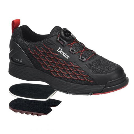 Dexter THE C9 Knit BOA Black/Red Bowling Shoes Patented Toehold Hyperflex Engineering BOA Fit System – disc lacing Breathable Knit and leather upper Energy return “Dexter Cloud9” EVA midsole TPU molded external heel stabilizer On shoe (removable) THS7 slide pad, H5 ST, THT2 traction pad, H2 UB 1 shoe protector included