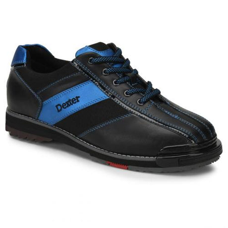 Dexter SST8 Pro Black/Blue Bowling Shoes Performance Shoe Unique Total Interchangeable Sole Construction Goodyear Replaceable Rubber Traction Soles Right or Left Convertible Leather Toe Drag Protector stops slide sole peel back Soft Man-Made & Nylon Upper H5 Saw Tooth Heel, H2 Ultra Brakz included on shoe S8, T2+ Soles included on shoe Removable footbeds