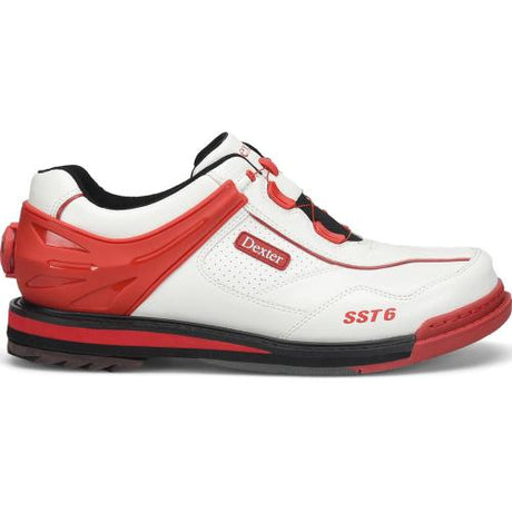 Dexter SST6 Hybrid BOA White/Red Bowling Shoes Hybrid toe protector  BOA Fit System - disc lacing   U-throat upper pattern Fixed goodyear® push-off sole Removeable S8 slide sole & H5 saw-tooth heel on slide shoe Removeable H2 ultra brakz heel on pushoff shoe S6 sole & H7 heel included in polybag 1 shoe protector included