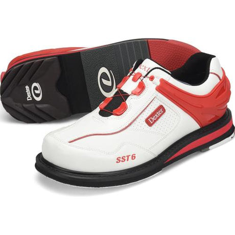 Dexter SST6 Hybrid BOA White/Red Bowling Shoes Hybrid toe protector  BOA Fit System - disc lacing   U-throat upper pattern Fixed goodyear® push-off sole Removeable S8 slide sole & H5 saw-tooth heel on slide shoe Removeable H2 ultra brakz heel on pushoff shoe S6 sole & H7 heel included in polybag 1 shoe protector included