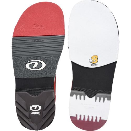 Dexter SST6 Hybrid BOA White/Red Bowling Shoes Hybrid toe protector  BOA Fit System - disc lacing   U-throat upper pattern Fixed goodyear® push-off sole Removeable S8 slide sole & H5 saw-tooth heel on slide shoe Removeable H2 ultra brakz heel on pushoff shoe S6 sole & H7 heel included in polybag 1 shoe protector included
