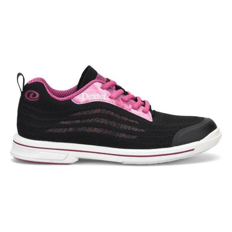 Dexter DexLite Knit Black/Pink Bowling Shoes Lightweight Breathable Knit Fabric with Hotmelt Overlays DexLite Pro Outsole Removable Blown EVA Footbed Fixed S8 Slide Soles Fixed Speed Groove Raised Heels