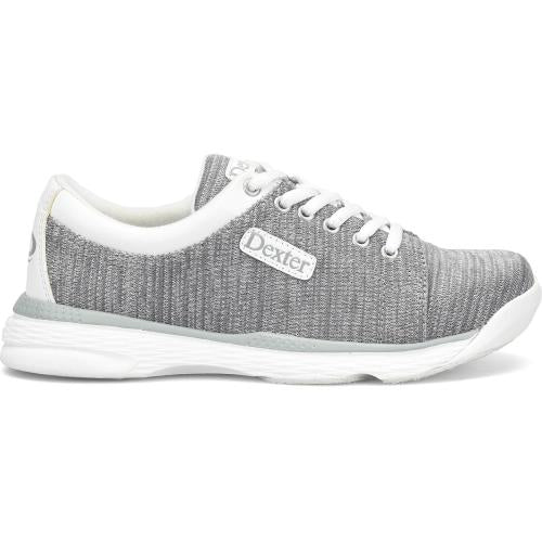 Dexter Ainslee Grey/White Bowling Shoes Lightweight Breathable Knit Upper Fully Fabric-Lined with Padded Tongue and Collar Seamless Toe Design for Maximum Comfort Blucher Lace-to-Toe Upper Pattern Molded Removable Blown EVA Footbed DexLite Outsole Slide Shoes: Fixed S9 Slide Soles. Fixed Non-Marking Defined Heal