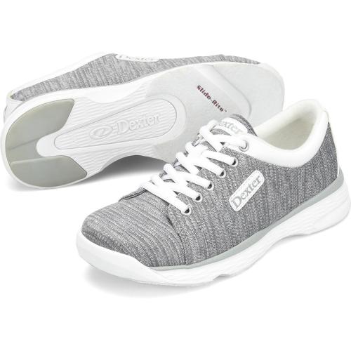 Dexter Ainslee Grey/White Bowling Shoes Lightweight Breathable Knit Upper Fully Fabric-Lined with Padded Tongue and Collar Seamless Toe Design for Maximum Comfort Blucher Lace-to-Toe Upper Pattern Molded Removable Blown EVA Footbed DexLite Outsole Slide Shoes: Fixed S9 Slide Soles. Fixed Non-Marking Defined Heal