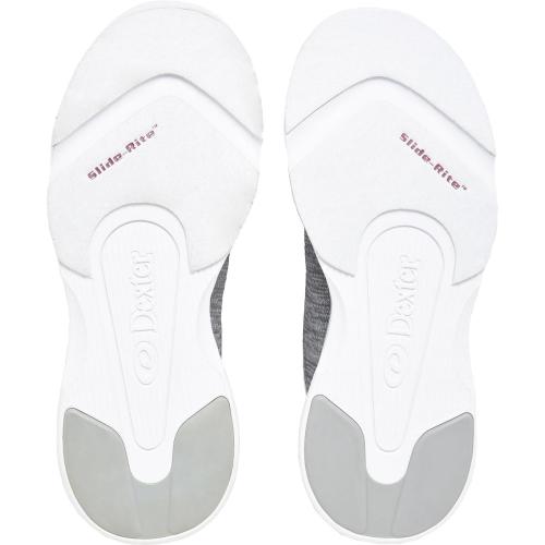 Dexter Ainslee Grey/White Bowling Shoes Lightweight Breathable Knit Upper Fully Fabric-Lined with Padded Tongue and Collar Seamless Toe Design for Maximum Comfort Blucher Lace-to-Toe Upper Pattern Molded Removable Blown EVA Footbed DexLite Outsole Slide Shoes: Fixed S9 Slide Soles. Fixed Non-Marking Defined Heal