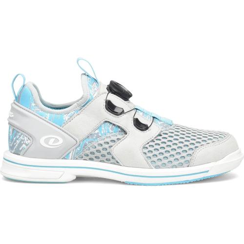 Dexter Pro BOA Light Grey/Blue Bowling Shoes Dex-Lite Pro Outsole Pro-lite interchangeable outsole BOA Fit System - disc lacing Speed grove raised rubber heel Aero Spacer Mesh breathable upper Removable blown EVA footbed Fixed Aero-Traction push off sole SIZES: RH M 6-10,11