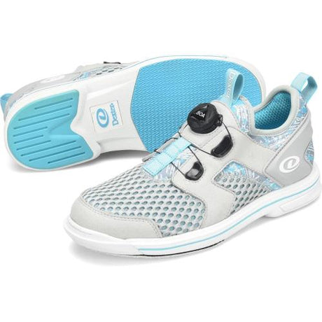 Dexter Pro BOA Light Grey/Blue Bowling Shoes Dex-Lite Pro Outsole Pro-lite interchangeable outsole BOA Fit System - disc lacing Speed grove raised rubber heel Aero Spacer Mesh breathable upper Removable blown EVA footbed  Fixed Aero-Traction push off sole SIZES:  RH M   6-10,11