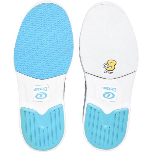 Dexter Pro BOA Light Grey/Blue Bowling Shoes Dex-Lite Pro Outsole Pro-lite interchangeable outsole BOA Fit System - disc lacing Speed grove raised rubber heel Aero Spacer Mesh breathable upper Removable blown EVA footbed Fixed Aero-Traction push off sole SIZES: RH M 6-10,11