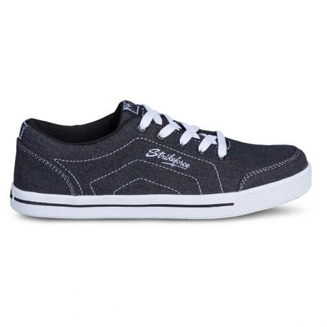 KR Strikeforce Laguna Black Denim Women's Bowling Shoes * Durable and lightweight KR Kanvas™upper that is easy to clean and maintain * Lace-up design with Komfort-Fit™ construction * Non-marking CMEVA outsole for a light and comfortable fit * #8 white microfiber slide pad on both shoes with FlexSlide Technology™ * Open cell foam deluxe footbed for maximum comfort * Includes an extra set of color matching shoe laces * 2-YEAR Warranty *