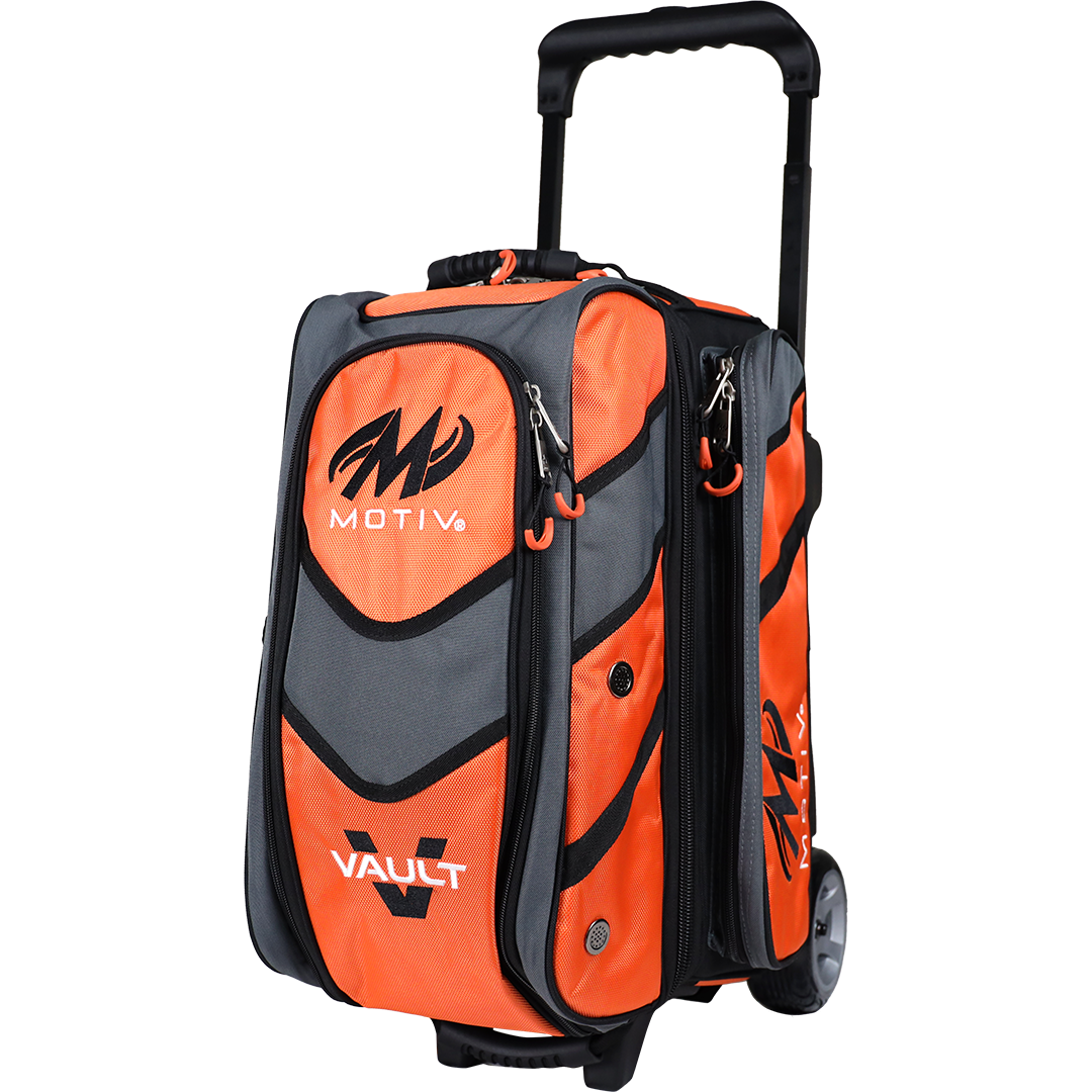 Motiv Vault 2 Ball Double Roller Tangerine Bowling Bag suitcase league tournament play sale discount coupon online pba tour