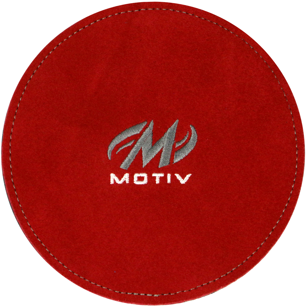 Motiv Disk Shammy Red Premium leather construction. Highly absorbent shammy removes oil to maximize ball performance. 6" Disk design is easier to hold. Packaged in a zip-lock bag. Hand wash and air dry. inside bowling sale shammy towel for bowlers tournament league