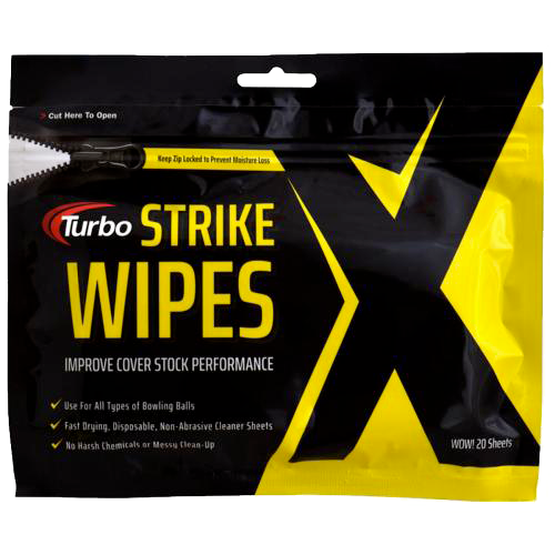 Turbo Strike Wipes 20 Sheet/Zipper Pack * Safely & conveniently removes lane oil, surface grime and belt marks! * Fast drying, non-abrasive! * Strike Wipes are permitted for use Before and After competition