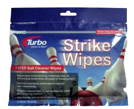 Turbo Strike Wipes 20 Sheet/Zipper Pack * Safely & conveniently removes lane oil, surface grime and belt marks! * Fast drying, non-abrasive! * Strike Wipes are permitted for use Before and After competition