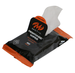 Motiv Response Ball Cleaning Wipes Cleans and removes marks, dirt, lane oil, and grime from bowling ball surface. Compact design fits easily into bowling bag. Resealable pouch. Heavy-duty citrus cleaner. Cleaners like the Response Ball Cleaning Wipes are no longer USBC approved for anytime use; the wipes can be used before or after sanctioned leagues and events. 20/pkg