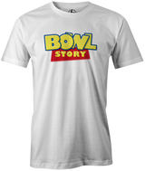 Bowl Story Men's Bowling t-shrit, White, movie, toy story, classic, vintage, cool, awesome, tee-shirt, tees, tee shirt, apparel, merch, league bowling team shirt, tournament shirt, woody, andy, mr. potato head, rex.