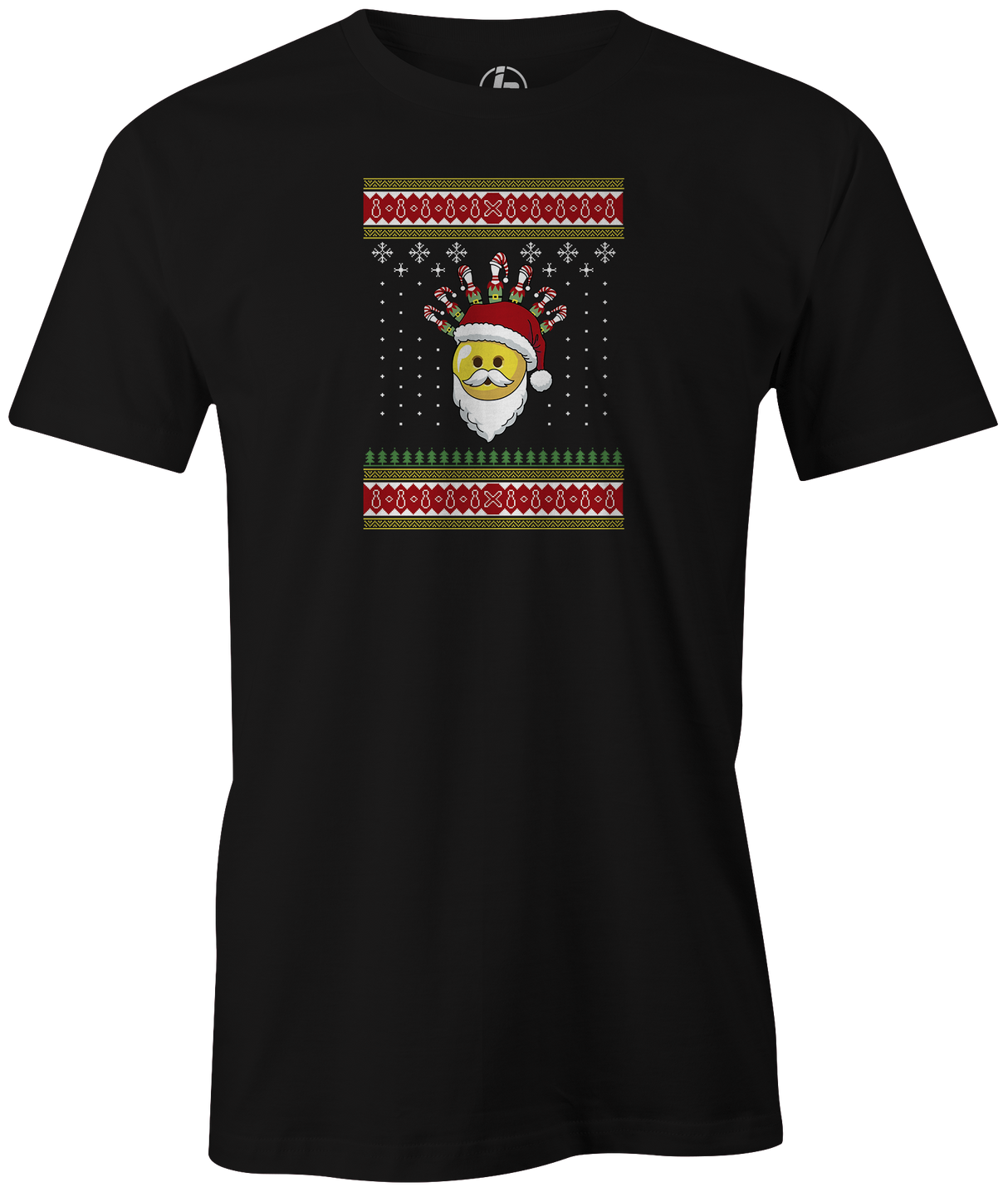 Tis' the season for ugly Christmas bowling tee shirt sweaters. Our The Santa Ball tee! ugly t-shirt comes in red and black colors. Show your holiday spirit with this shirt that helps you hook the ball at your office party or night out with your friends! Bowling gift holiday gift guide. Tee-shirt gift. Christmas Tree