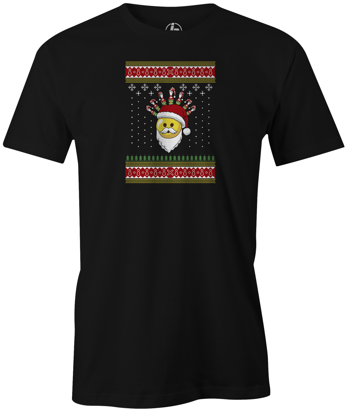 Tis' the season for ugly Christmas bowling tee shirt sweaters. Our The Santa Ball tee!  ugly t-shirt comes in red and black colors. Show your holiday spirit with this shirt that helps you hook the ball at your office party or night out with your friends!  Bowling gift holiday gift guide. Tee-shirt gift. Christmas Tree