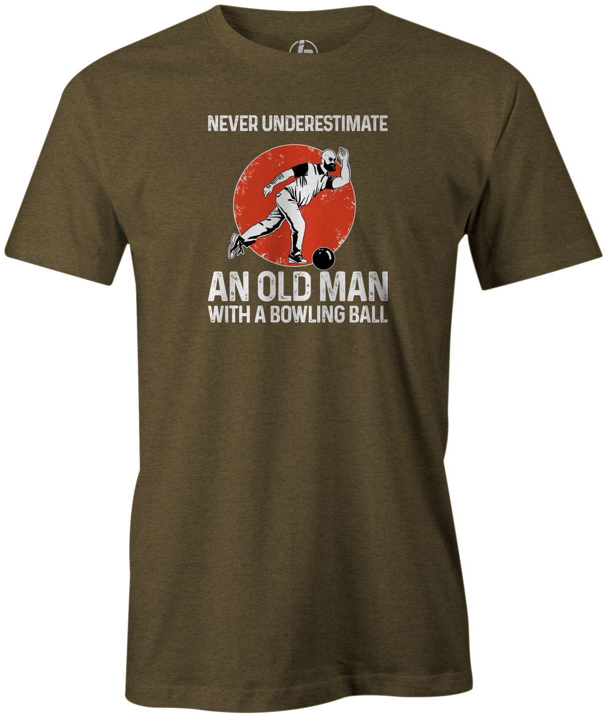Never Underestimate an Old Man with a Bowling Ball Men's Bowling shirt, army green, tee, tee-shirt, tee shirt, apparel, merch, cool, funny, vintage, father's day, gift, present, cheap, discount, free shipping.