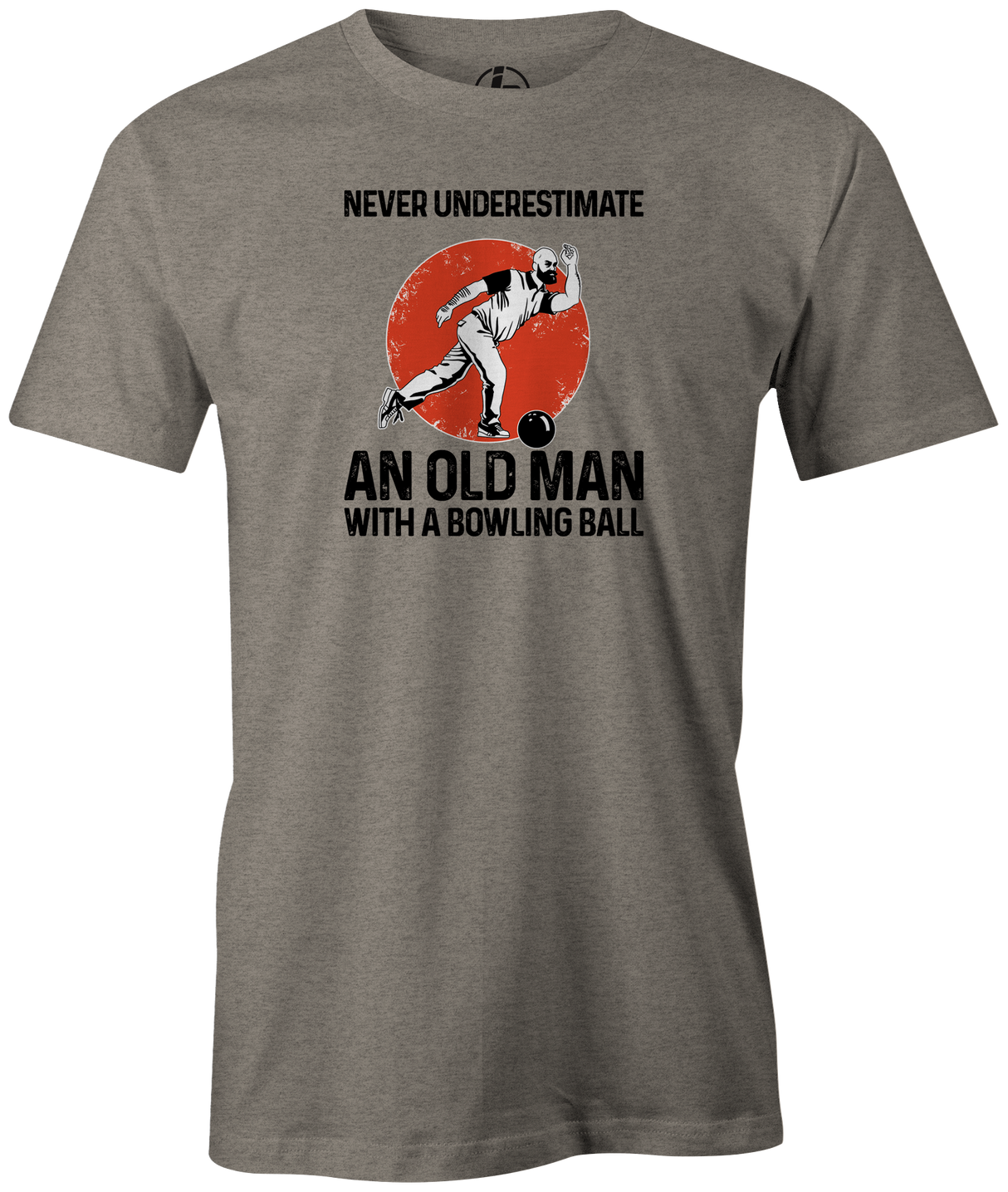 Never Underestimate an Old Man with a Bowling Ball Men's Bowling shirt, gray, tee, tee-shirt, tee shirt, apparel, merch, cool, funny, vintage, father's day, gift, present, cheap, discount, free shipping.