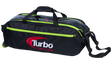 Turbo Pursuit Slim Triple Tote Bowling Bag Lime/Black FEATURES AND BENEFITS 1680D nylon construction Three ball capacity Clear “see thru” top Adjustable tow strap Carry Handles with Velcro Closure Dimensions 11”W x 10”D x 26”H Inline style wheels are 1 ½” high x 1 ½” wide Bag weight 4 lbs