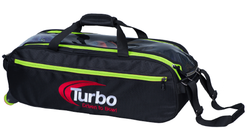 Turbo Pursuit Slim Triple Tote Bowling Bag Lime/Black FEATURES AND BENEFITS 1680D nylon construction Three ball capacity Clear “see thru” top Adjustable tow strap Carry Handles with Velcro Closure Dimensions 11”W x 10”D x 26”H Inline style wheels are 1 ½” high x 1 ½” wide Bag weight 4 lbs