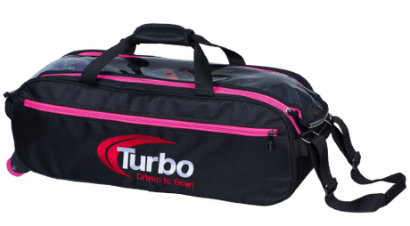 Turbo Pursuit Slim Triple Tote Bowling Bag Pink/Black FEATURES AND BENEFITS 1680D nylon construction Three ball capacity Clear “see thru” top Adjustable tow strap Carry Handles with Velcro Closure Dimensions 11”W x 10”D x 26”H Inline style wheels are 1 ½” high x 1 ½” wide Bag weight 4 lbs