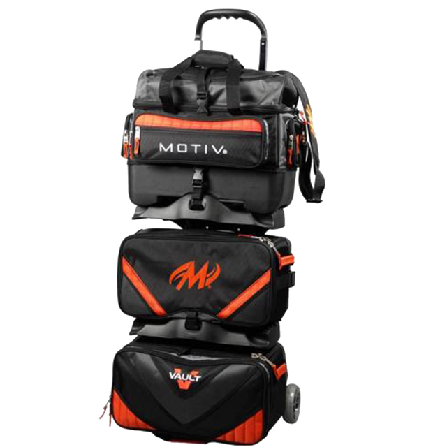 Motiv Vault 6 Ball Roller Black/Orange Bowling Bag suitcase league tournament play sale discount coupon online pba tour