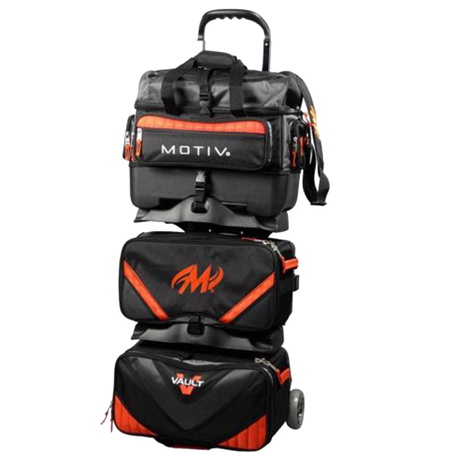 Motiv Vault 6 Ball Roller Black/Orange Bowling Bag suitcase league tournament play sale discount coupon online pba tour