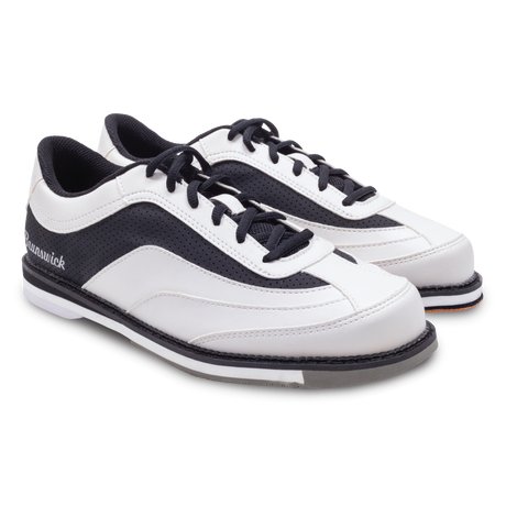 Brunswick Rampage White/Black Bowling Shoes * Synthetic uppers * Customizable Slide Sole technology * Rubber push away * Fixed Heel * Includes: #6 and #8 Slide Soles