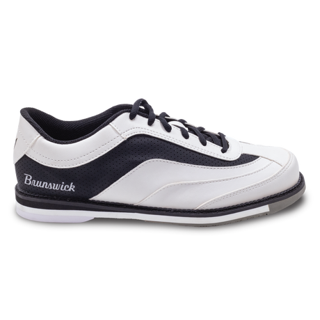 Brunswick Rampage White/Black Bowling Shoes * Synthetic uppers * Customizable Slide Sole technology * Rubber push away * Fixed Heel * Includes: #6 and #8 Slide Soles