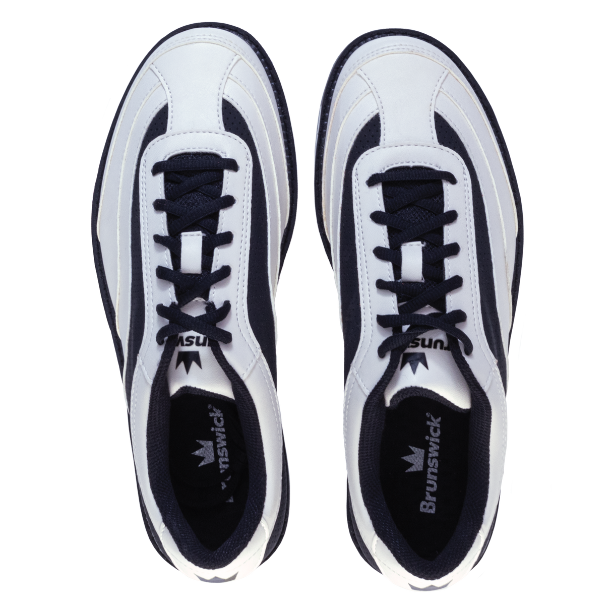 Brunswick Rampage White/Black Bowling Shoes * Synthetic uppers * Customizable Slide Sole technology * Rubber push away * Fixed Heel * Includes: #6 and #8 Slide Soles