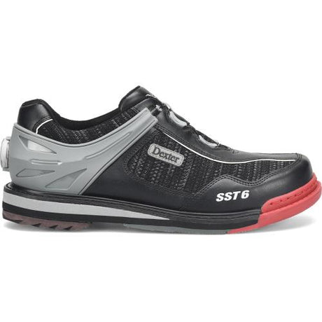 Dexter SST6 Hybrid BOA Black Knit Bowling Shoes Hybrid toe protector  BOA Fit System - disc lacing   U-throat upper pattern Fixed goodyear® push-off sole Removeable S8 slide sole & H5 saw-tooth heel on slide shoe Removeable H2 ultra brakz heel on pushoff shoe S6 sole & H7 heel included in polybag 1 shoe protector included