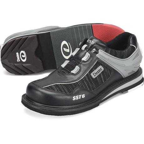 Dexter SST6 Hybrid BOA Black Knit Bowling Shoes Hybrid toe protector  BOA Fit System - disc lacing   U-throat upper pattern Fixed goodyear® push-off sole Removeable S8 slide sole & H5 saw-tooth heel on slide shoe Removeable H2 ultra brakz heel on pushoff shoe S6 sole & H7 heel included in polybag 1 shoe protector included