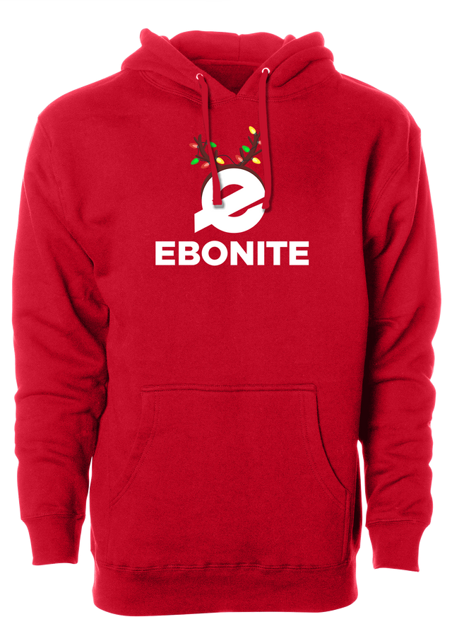 Ebonite Bowling Christmas Hoodie. Tis' the season for Christmas bowling tee shirts. Show your Merriness on and off the lanes with the ebonite bowling Holiday T-shirt!  ugly t-shirt comes in red and black colors. Show your holiday spirit with this shirt that helps you hook the ball at your office party or night out with your friends!  Bowling gift holiday gift guide. Tee-shirt gift. Christmas Tree