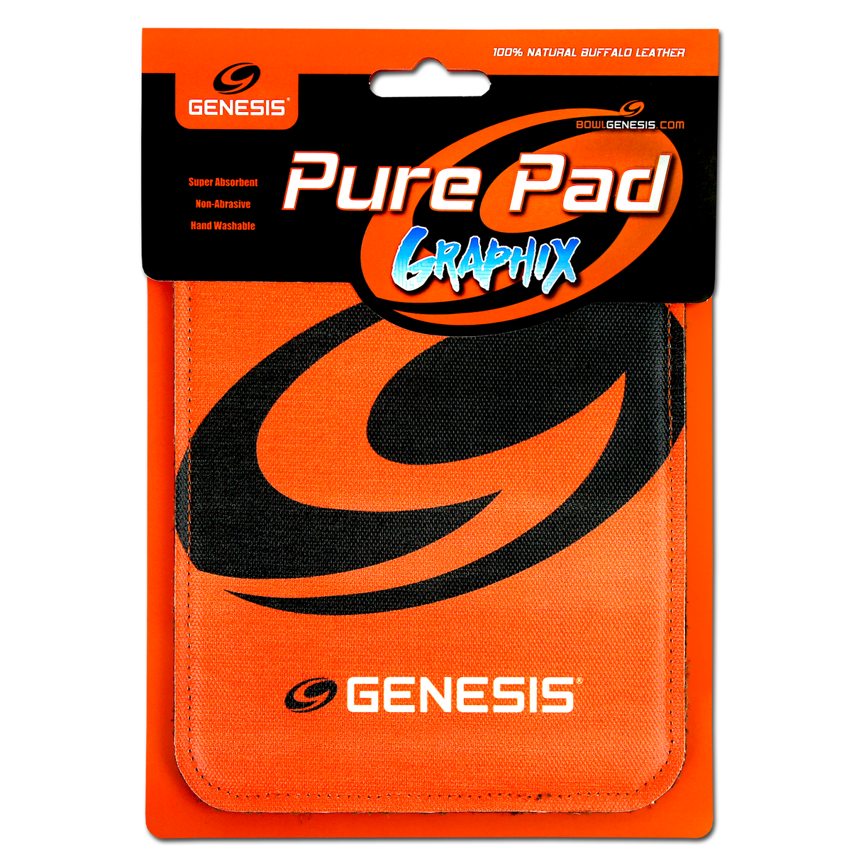 Pure Pad Grafix Buffalo Leather Ball Wipe Orange G Logo Made of durable all natural genuine Buffalo Leather, the heavy nap of the Pure Pad™ will effortlessly absorb dirt and oil better than any micro fiber towel or shammy ever could. It’s been specifically sized to fit in the palm of your hand, so right away you’ll notice the texture and feel the difference in weight. Every time you use it, you’ll be reminded that this isn’t just another ordinary bowling towel.