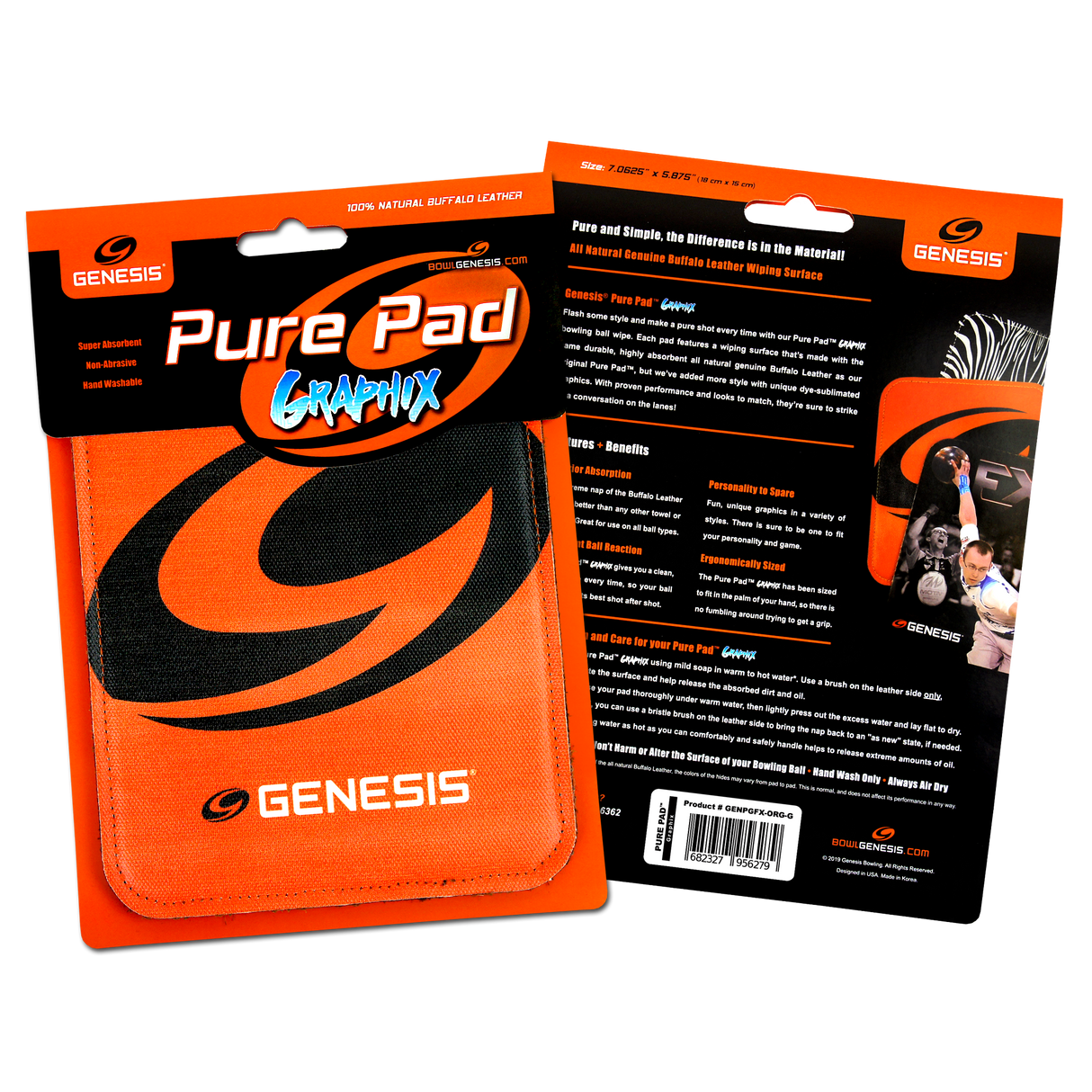 Pure Pad Grafix Buffalo Leather Ball Wipe Orange G Logo Made of durable all natural genuine Buffalo Leather, the heavy nap of the Pure Pad™ will effortlessly absorb dirt and oil better than any micro fiber towel or shammy ever could. It’s been specifically sized to fit in the palm of your hand, so right away you’ll notice the texture and feel the difference in weight. Every time you use it, you’ll be reminded that this isn’t just another ordinary bowling towel.