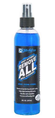 KR Strikeforce Remove All Ball Cleaner * 8 oz bottle * Removes oil and dirt from ball surface * Helps retain bowling ball motion * Use after each competition * Approved for use before or after competion