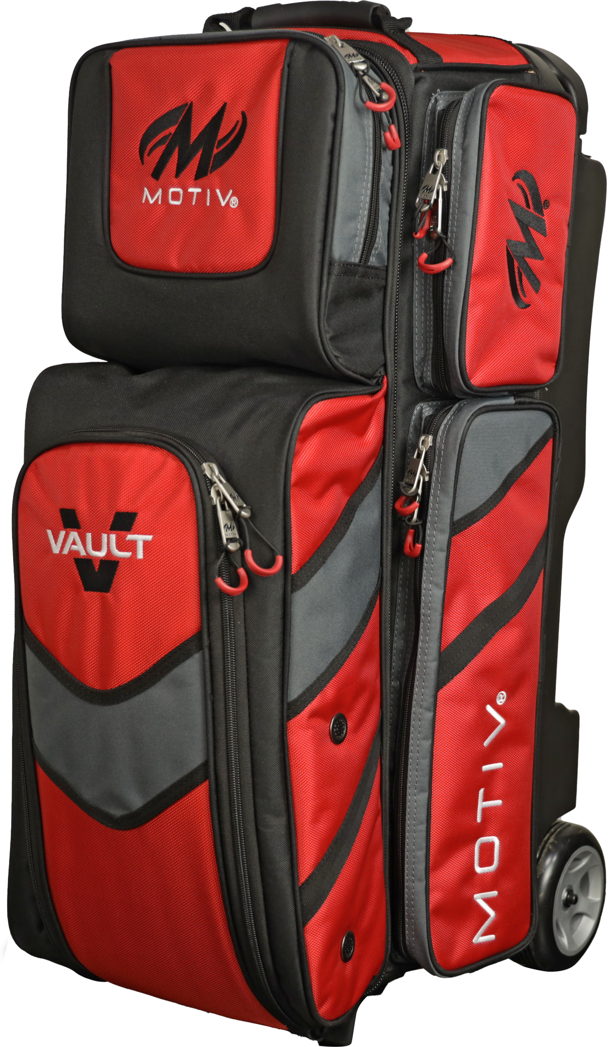 Motiv Vault 3 Ball Triple Roller Fire Red Bowling Bag suitcase league tournament play sale discount coupon online pba tour